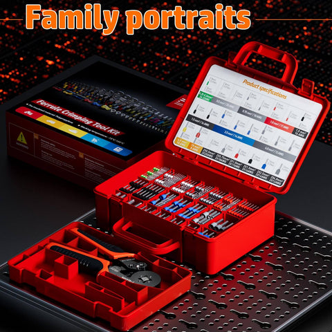 Self Adjusting Ratchet Wire Crimping Kit With 1750 Tinned Copper Ferrule Terminals, open red box with organized terminals.