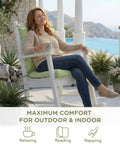 Outdoor Rocking Chair Cushions Water Resistant Replacement Cushion Set For Patio Porch Garden Sage 1 Pack Fits Most Standard Rockers Cozy And Durable All Day Comfort installed on a white rocker with a woman relaxing.
