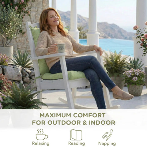 Outdoor Rocking Chair Cushions Water Resistant Replacement Cushion Set For Patio Porch Garden Sage 1 Pack Fits Most Standard Rockers Cozy And Durable All Day Comfort installed on a white rocker with a woman relaxing.