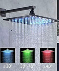 No Sweat Thermostatic Shower Faucet Kit With Led Rainfall Head And Handheld Body Massager For A Top Shelf Bathroom Fixture showing illuminated square rainfall head.