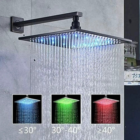No Sweat Thermostatic Shower Faucet Kit With Led Rainfall Head And Handheld Body Massager For A Top Shelf Bathroom Fixture showing illuminated square rainfall head.