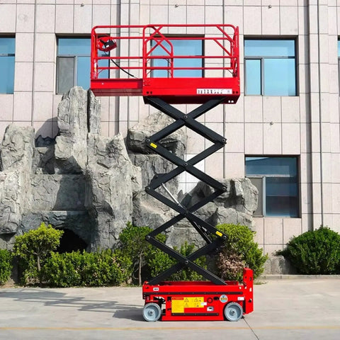 Straight Up Compact Scissor Lift Table Heavy Duty Mobile Material Hoist shown outdoors, raised with wheels for easy mobility.
