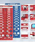 Nut and bolt thread checker tool with magnetic base, features 26 standard, 26 metric, and 18 drill gauges for quick sizing and organization.