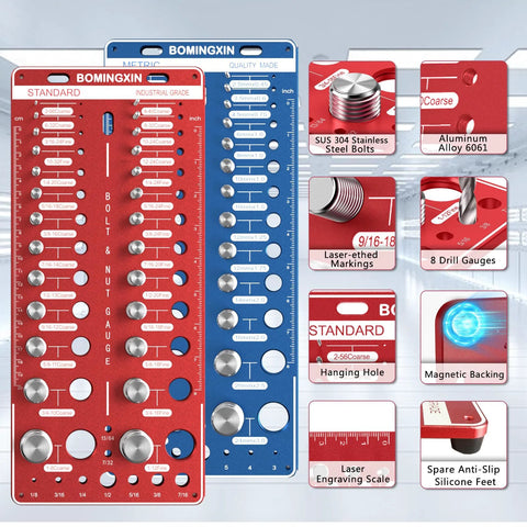 Nut and bolt thread checker tool with magnetic base, features 26 standard, 26 metric, and 18 drill gauges for quick sizing and organization.