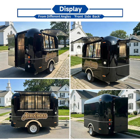Top Tier 10ft Slick Black Mobile Food Truck For Coffee Kiosks And Pop Up Catering With Reliable Walk Up Fridge Unit Factory Direct Certified Build Ready To Hustle Hard shown from various angles.