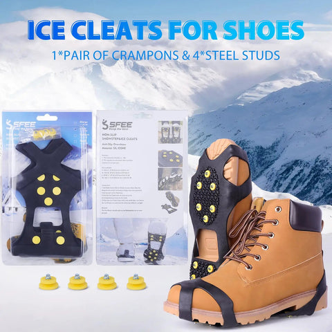 Packaging and boot with Winter Ice Cleats For Boots And Shoes With 10 Stainless Steel Spikes displayed on snowy background