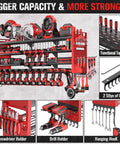 49.8 Inch Wall Mount Power Tool Organizer with four shelves and 18 cordless drill holders for garage and workshop, steel construction, red finish, multiple compartments visible.