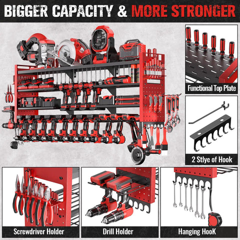 49.8 Inch Wall Mount Power Tool Organizer with four shelves and 18 cordless drill holders for garage and workshop, steel construction, red finish, multiple compartments visible.