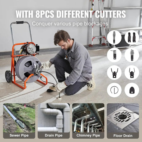 Tough As Nails Nine Piece Drain Auger Drill Attachment Kit For 5/16 To 3/4 Inch Cable shown with various cutter heads for pipes.