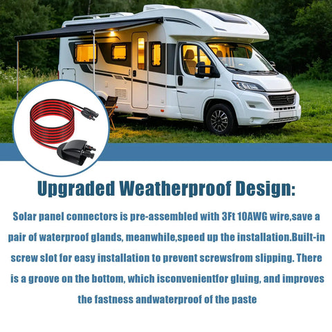 10 Foot Solar Cable Entry Gland With 10 AWG Extension Cable MC4 Connectors For RV Boat Camper And Van Installations Weatherproof Solar Junction Box With Tinned Copper Wire And High Conductivity For Efficient Power Transfer, shown with RV cable setup
