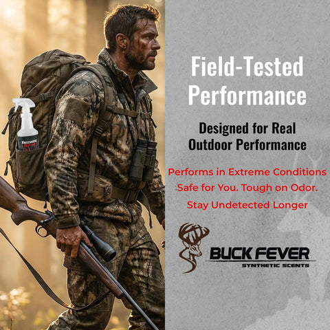 Man in camo gear using Ultimate Hunter Scent Control Spray And Odor Eliminator For Hunting Gear And Clothing One Gallon.
