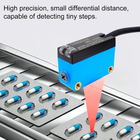 Compact Diffuse Photoelectric Sensor With Background Suppression And 2mm Red Laser, No Fuss Install, Sensing Range 20 To 300 Mm, 10 To 30 VDC, PNP Output, Unaffected By Background Color, Ideal For Transparent Objects, shown over blister packs
