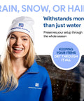 Person in blue jacket and white beanie smiling, promoting protection from rain, snow, or hail with text about keeping items dry.