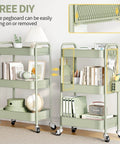 Two light green three tier rolling cart storage organizers with metal wheels, pegboard hooks, and bins for bathroom and office use.