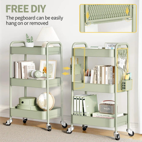 Two light green three tier rolling cart storage organizers with metal wheels, pegboard hooks, and bins for bathroom and office use.