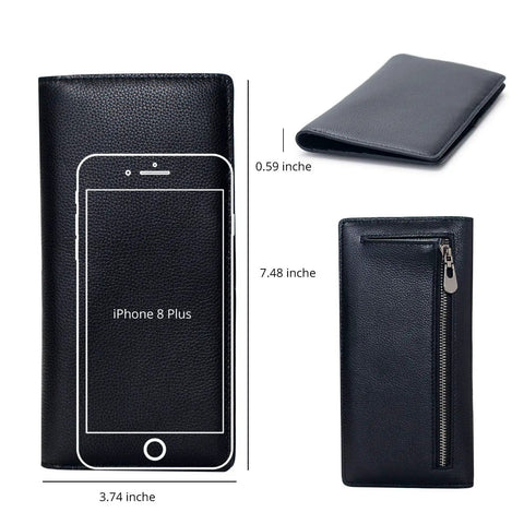 Ultra Slim Leather RFID Blocking Card Holder Wallet For Women Bifold Clutch Style with size comparison to iPhone 8 Plus