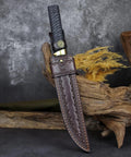 Tactical Wakizashi Full Tang Fixed Blade Knife in leather sheath, G10 handle, brass guard, 14-inch DLC coated Sleipner steel blade