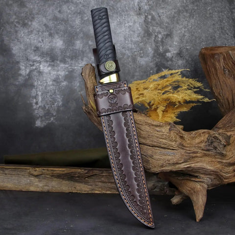 Tactical Wakizashi Full Tang Fixed Blade Knife in leather sheath, G10 handle, brass guard, 14-inch DLC coated Sleipner steel blade