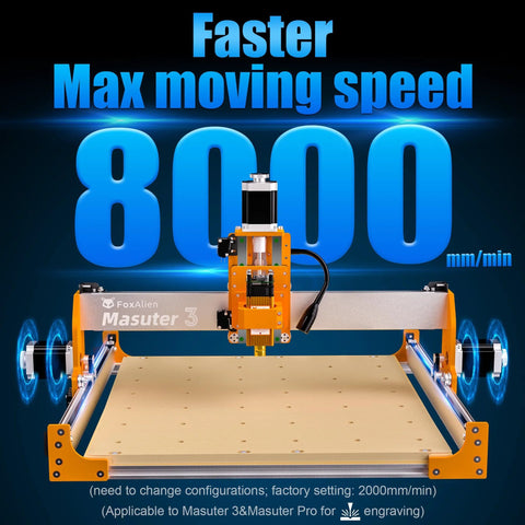 Masuter 3 CNC Router showcasing NEMA 23 CNC Motor Upgrade for enhanced speed and precision engraving at 8000 mm per minute.