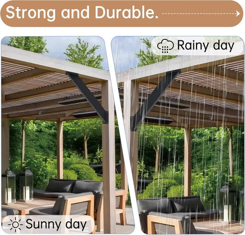 Beefy 45 Degree Metal Corner Brackets For Wood Structures Heavy Duty Support Kit shown on gazebo in sunny and rainy conditions