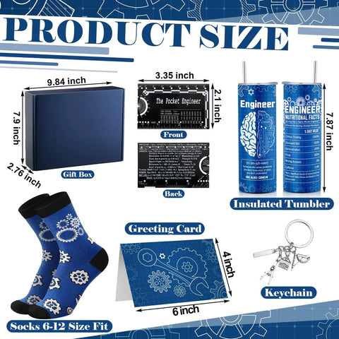 Image showing Six Piece Engineering Graduation Gift Set For Men Including Stainless Tumbler Cup, Engineering Ruler, Engineer Socks, Keychain, Greeting Card, And Gift Box with product dimensions.