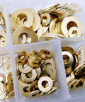 Brass Flat Washer Set 360 Pcs Assortment Kit M2 M2.5 M3 M4 M5 M6 M8 M10 With 0.4 To 1.2 mm Thickness, Perfect For Outdoor Humid Environments, Marine Hardware, Motors, Cylinders And Valves. brass washers in plastic organizer