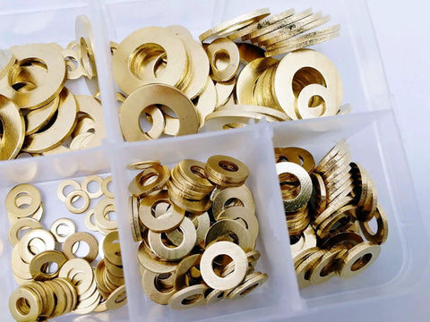 Brass Flat Washer Set 360 Pcs Assortment Kit M2 M2.5 M3 M4 M5 M6 M8 M10 With 0.4 To 1.2 mm Thickness, Perfect For Outdoor Humid Environments, Marine Hardware, Motors, Cylinders And Valves. brass washers in plastic organizer