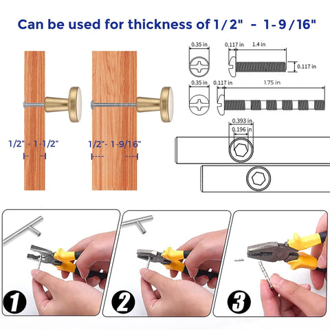 Champagne Bronze Cabinet Knobs 1 Inch Round Drawer Knob Set 30 Pack With 60 Screws For Easy Mount showing screw length and installation
