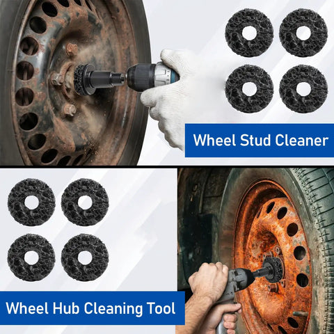 Wheel Hub And Brake Cleaning Tool Kit, 22 Pc Set With 20 Replacement Pads in use on rusty wheel hub and rotor