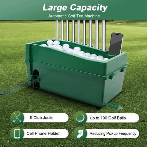 Automatic Golf Tee Machine For Indoor Simulators And Driving Ranges Hands Free Ball Dispensing unit on grass close-up view