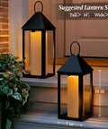 Waterproof Outdoor Flameless Pillar Candles 10x5 Inch Battery Operated LED with Remote in black lanterns on steps at night.