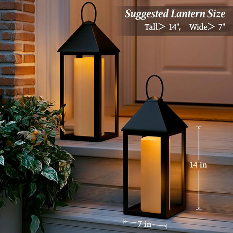 Waterproof Outdoor Flameless Pillar Candles 10x5 Inch Battery Operated LED with Remote in black lanterns on steps at night.