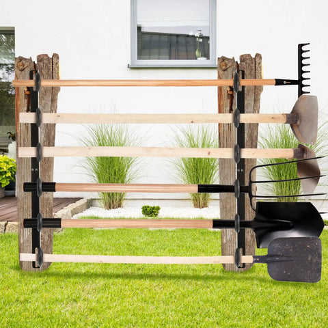 4 Pack 6 Hole Landscape Trailer Racks For Lawn Tools Shovel Holder And Hand Tool Organizer Fits Truck Bed Includes Rubber Grommets And Mounting Hardware Black Durable Construction securing tools on wooden frame