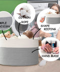 XXL Cotton Rope Blanket Storage Basket 21x21x13.6 Inches Round Toy Organizer For Blankets Towels Clothes And Baby Gear White Grey Mega Sized Durable Laundry Bin For Nursery Living Room Or Closet Organization next to a washing machine with plush toys.