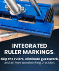 Self Centering Dowel Jig With Elongated Jaws And Extra Wide Clamp For Fast Accurate Woodworking The Setup Is A Breeze With This Durable Aluminum Alloy Drill Guide In A Bold Blue Finish Built For Lasting Craftsmanship And Easy DIY Projects with integrated ruler markings