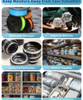 Collage displaying uses for Activated Alumina Desiccant Beads 2 Pack For 3D Printer Filaments And Electronics, including food storage and luggage.