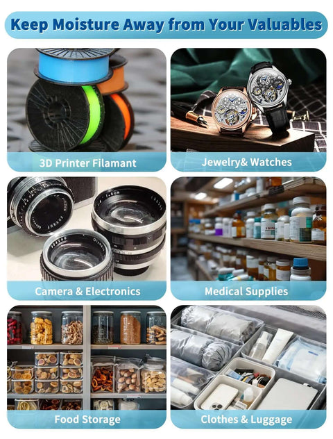 Collage displaying uses for Activated Alumina Desiccant Beads 2 Pack For 3D Printer Filaments And Electronics, including food storage and luggage.