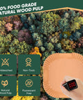 Air Fryer Disposable Parchment Paper Liners 8 Inch Square Bleach Free Food Grade Oil Proof Nonstick 100 Pack For Air Frying And Baking Easy Cleanup Includes 2 Cheat Sheets And Stainless Steel Tongs over forest background and icons