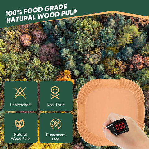 Air Fryer Disposable Parchment Paper Liners 8 Inch Square Bleach Free Food Grade Oil Proof Nonstick 100 Pack For Air Frying And Baking Easy Cleanup Includes 2 Cheat Sheets And Stainless Steel Tongs over forest background and icons