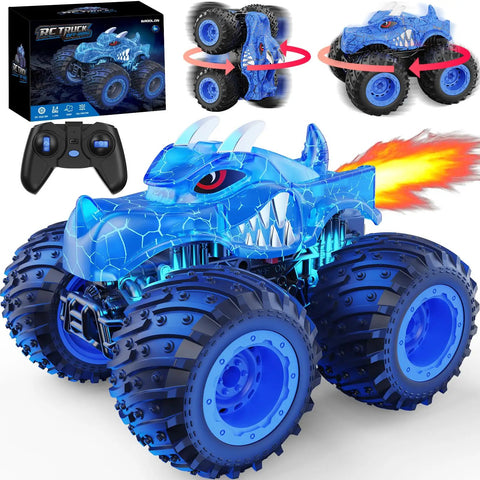 Remote Control Monster Truck For Kids 3 4 5 6 7 8 Dope 2.4GHz All Terrain Off Road RC Car With Sprayer Lights And Rechargeable Battery