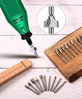 20 Piece HSS Titanium Coated Wood Carving Router Bit Set For DIY Woodworking And Engraving displayed with rotary tool and ruler