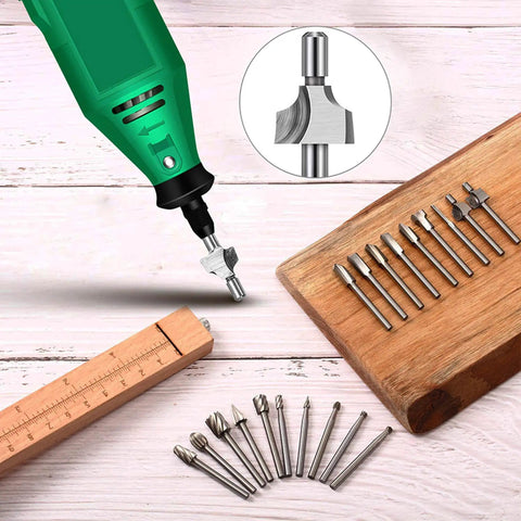 20 Piece HSS Titanium Coated Wood Carving Router Bit Set For DIY Woodworking And Engraving displayed with rotary tool and ruler