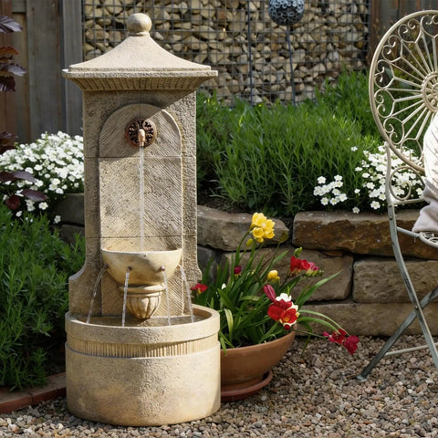 Massive Outdoor Wall Fountain With LED Lights 42.91 Inch Tall Freestanding Garden Water Feature in European Resin Finish
