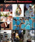 Home decor collage of nine items including stained glass pieces, blue mosaic art, vases, and lamps