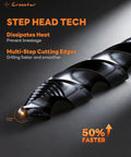 Close-up of 135° step head of Cobalt Stepped Point Drill Bit Set 21 Pieces One Sixteenth To One Half Inch With TiAlN Coated Step Drill Heads M35 Cobalt Steel HSS Jobber Bits No Pre Drilling 3 Flat Shank With Indexed Storage Case Built For Precise Drilling In Hardened Steel.