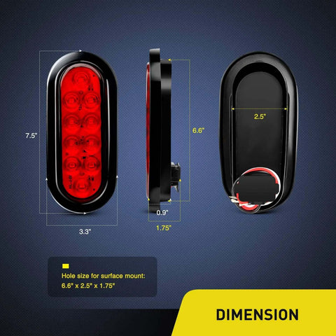 Dimensions of 6 Inch Oval Red LED Tail Lights 2 Pack With Surface Mount Grommets IP65 Waterproof Stop Brake Turn Trailer Lights