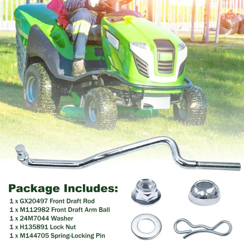 Beefed Up Front Draft Arm Kit For Mower Deck Lift And Height Adjustment Fits 102 115 125 155C D155 D105 LA L100 L120 L130 LA120 D140XSE Series Replacement Parts GX20497A GX24864A chrome front draft rod, ball, washer, nut and pin