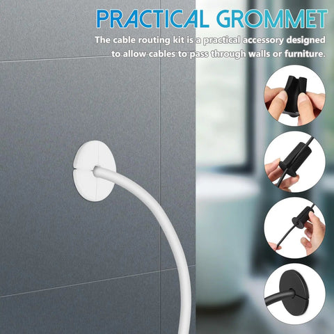 Heavy Duty Silicone Wall Cable Grommet Kit with 4 Tear Resistant Hole Covers For Messy Cord Management Easy Install Wire Concealment Hack That Looks Super Clean And Totally Dope In Any Room. White silicone wall grommet for cable routing