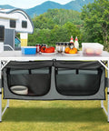Camping Kitchen Station With Three Adjustable Heights, Folding Outdoor Camp Cooking Table With Storage organizer and kitchen items