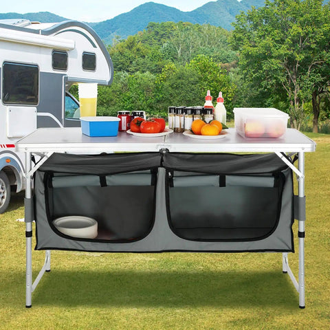 Camping Kitchen Station With Three Adjustable Heights, Folding Outdoor Camp Cooking Table With Storage organizer and kitchen items